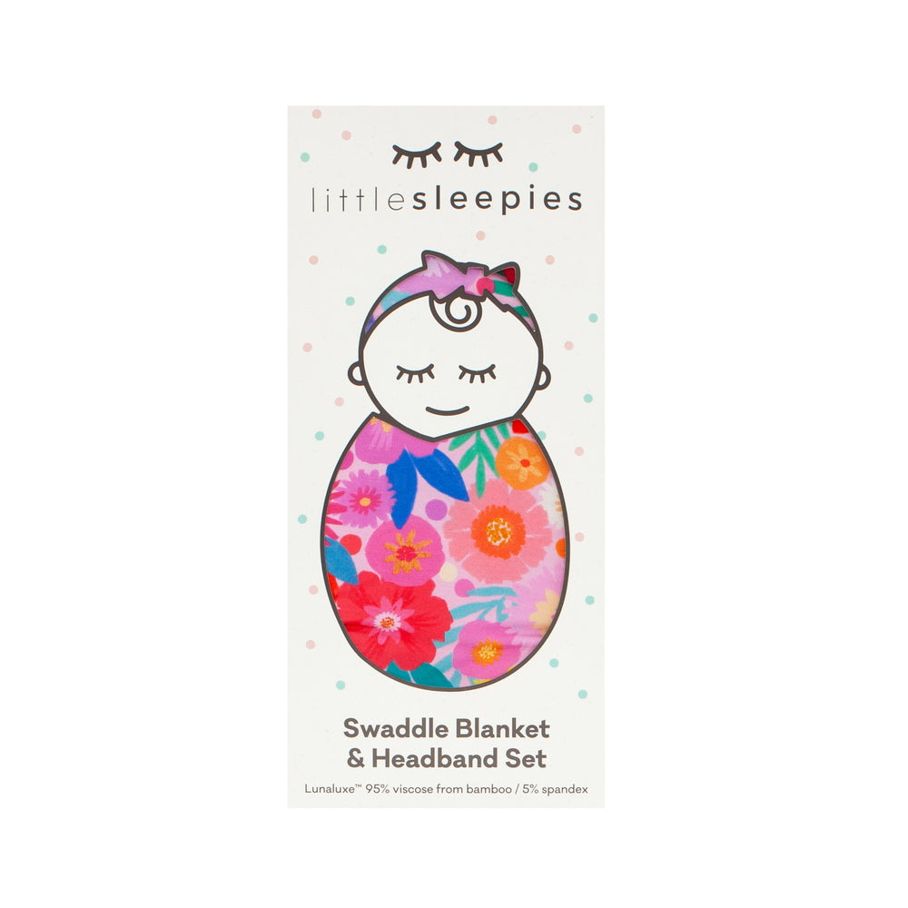 Rainbow Blooms swaddle and luxe bow headband set in Little Sleepies peek-a-boo packaging