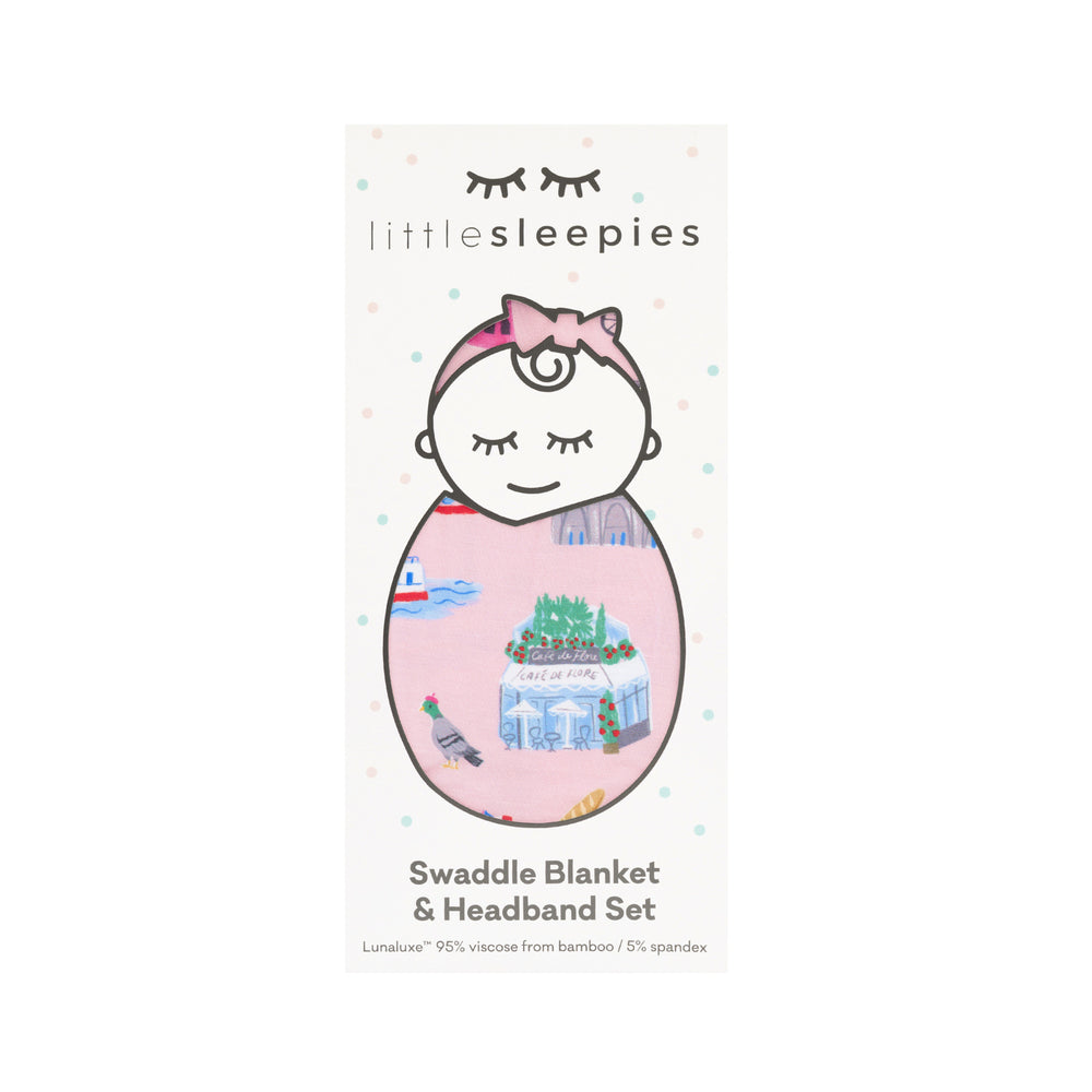Image of the packaging for the Pink Weekend in Paris Swaddle & Luxe Bow Headband Set