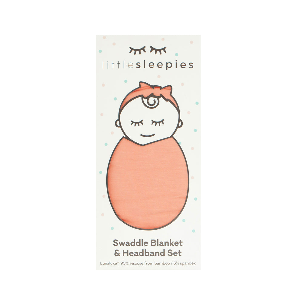 image of a Peach swaddle and luxe bow headband set in Little Sleepies peek a boo packaging 