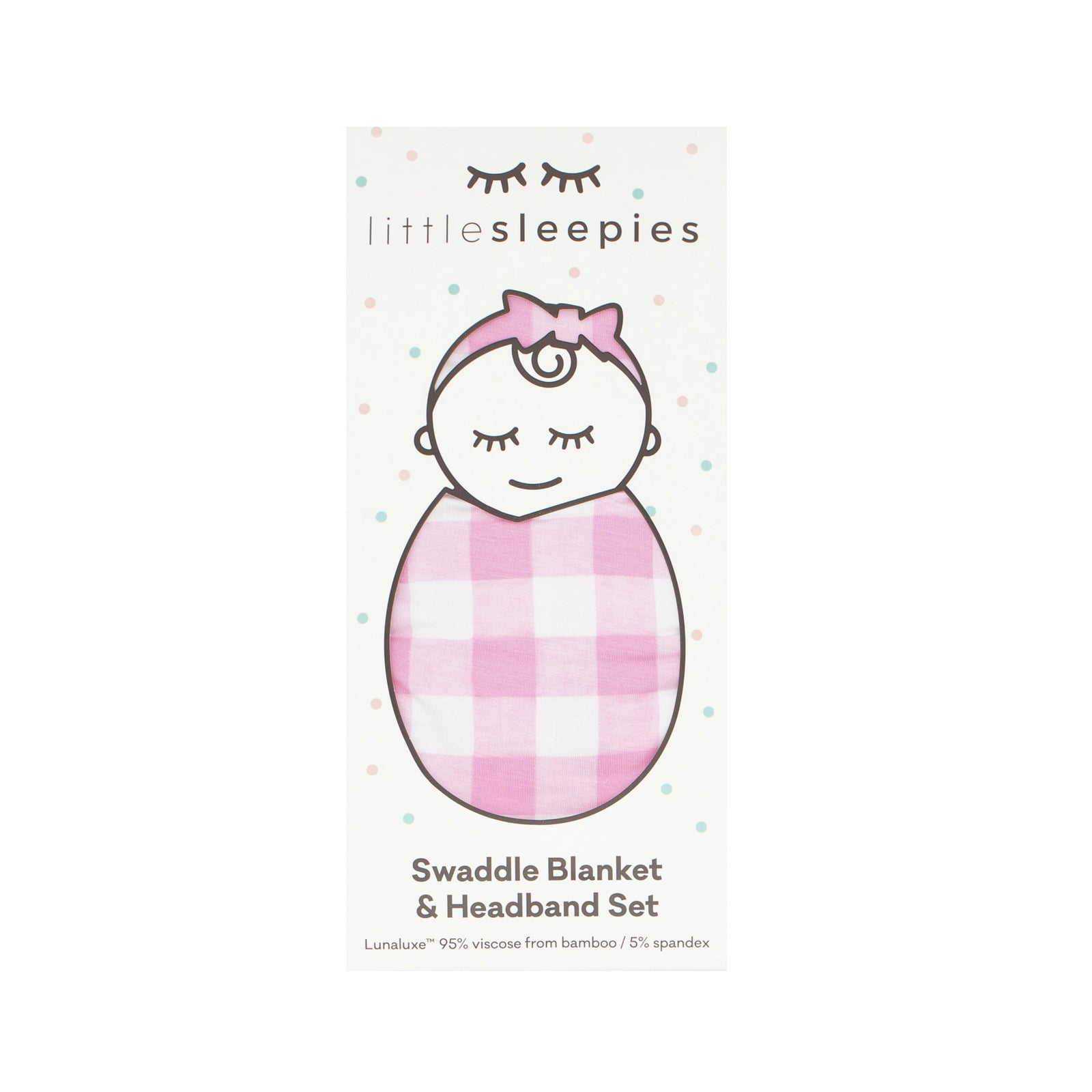  Pink Gingham swaddle and luxe bow headband set in Little Sleepies peek a boo packaing