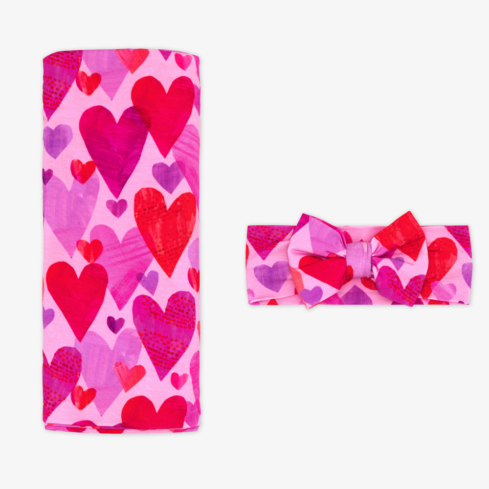 Pink Hearts & Crafts Swaddle & Luxe Bow Headband Set