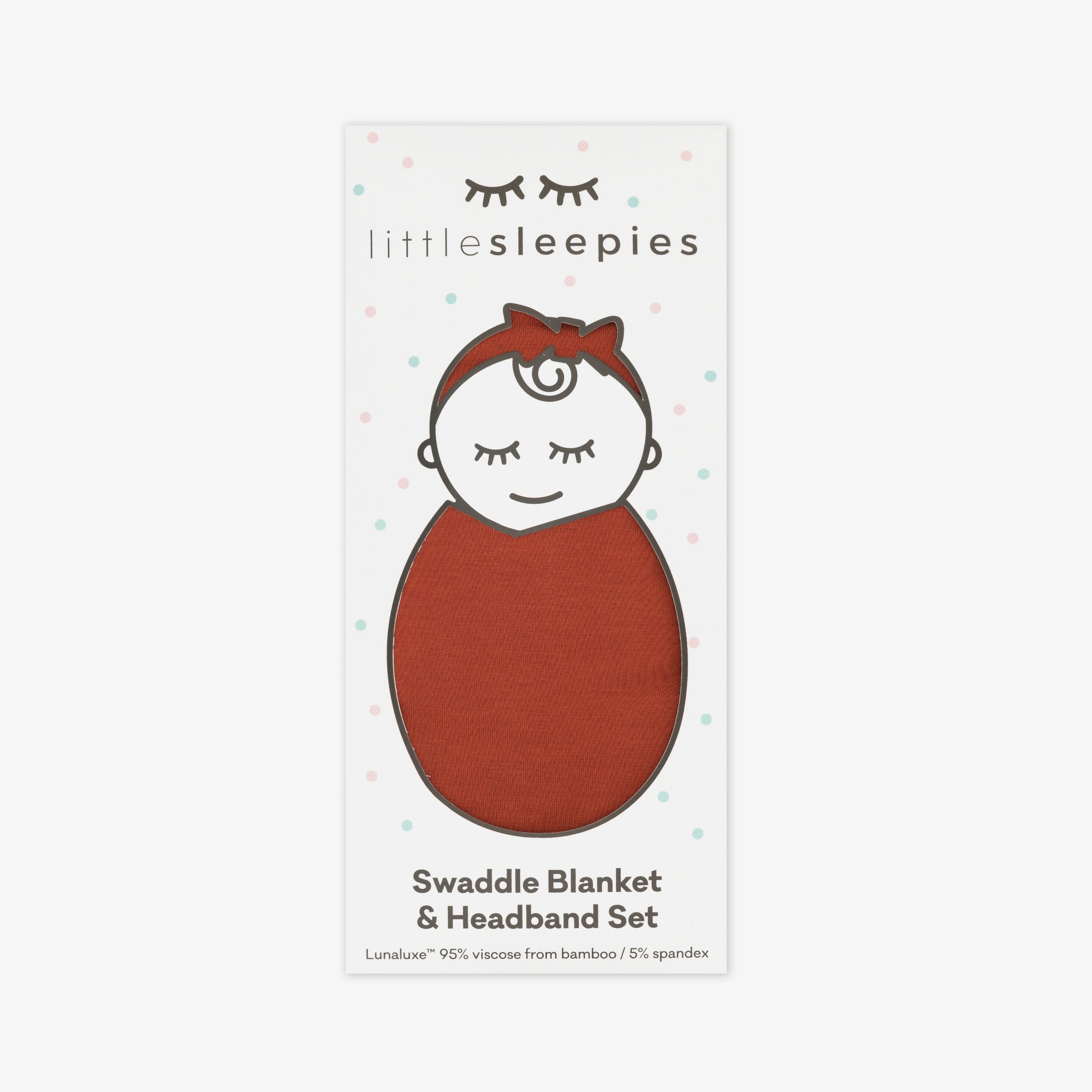 mage of a Cozy Rust swaddle and luxe bow headband set in Little Sleepies peek a boo packaging