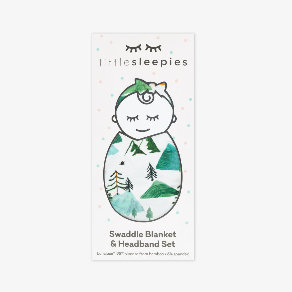 Mountain Mist swaddle and luxe bow headband set in Little Sleepies peek a boo packaging