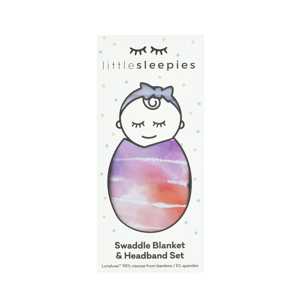 Pastel Tie Dye Dreams swaddle & luxe bow headband set in Little Sleepies peek-a-boo packaging