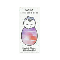 Pastel Tie Dye Dreams swaddle & luxe bow headband set in Little Sleepies peek-a-boo packaging