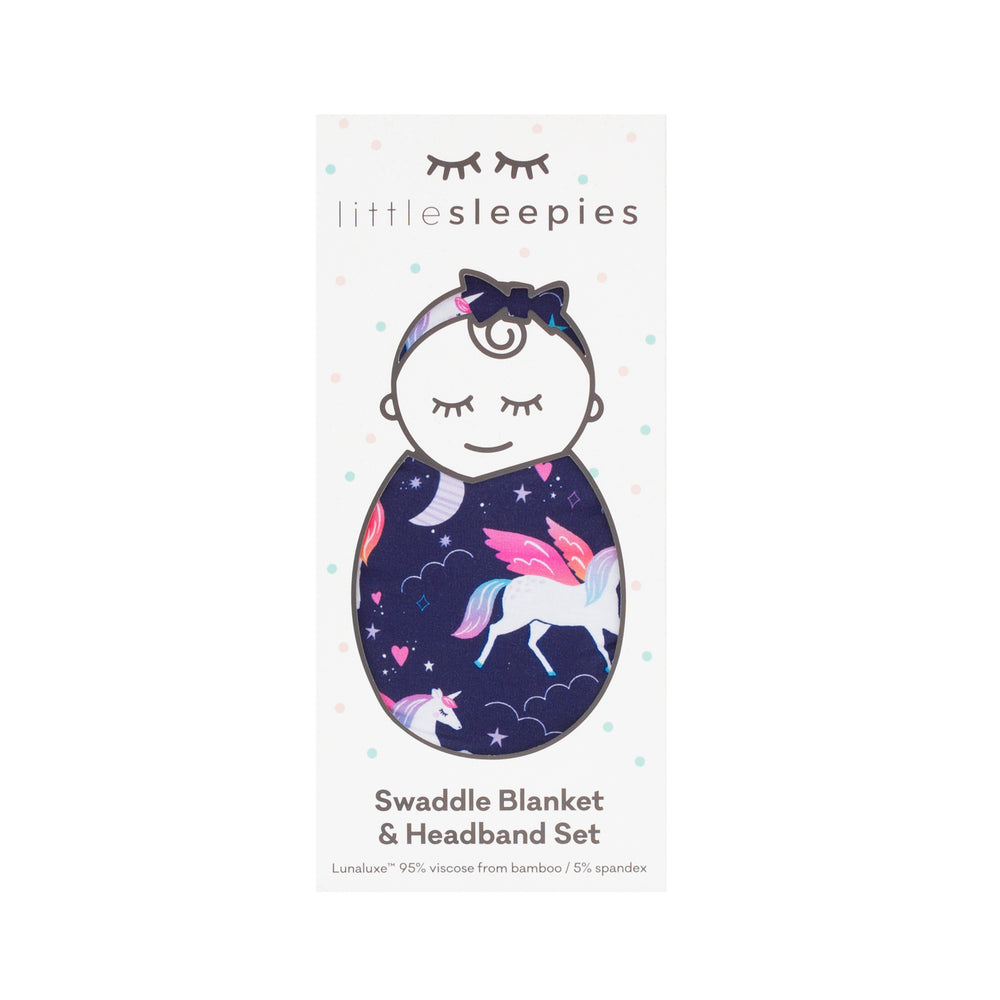 Image of the packaging for the Magical Skies Swaddle & Luxe Bow Headband Set
