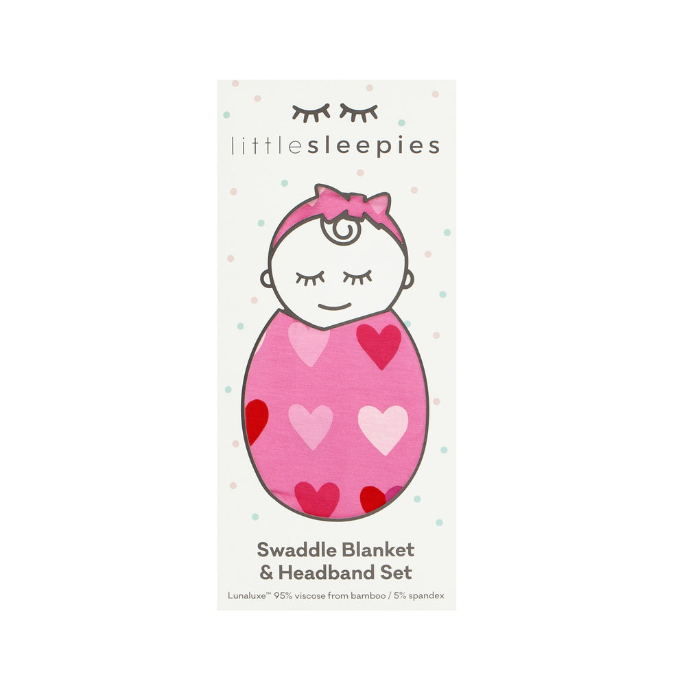 Click to see full screen - Pink XOXO swaddle and luxe bow set in Little Sleepies peek a boo packaging