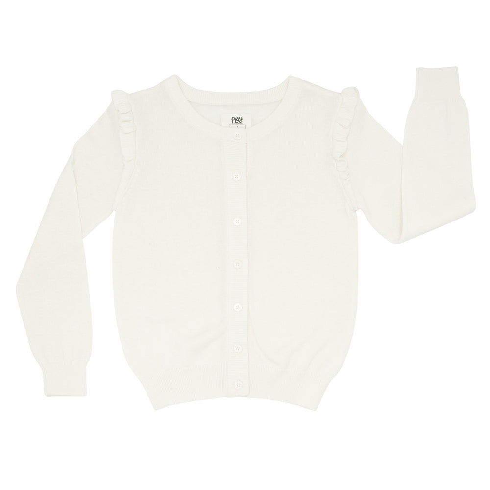 Click to see full screen - Flat lay image of an Ivory ruffle cardigan