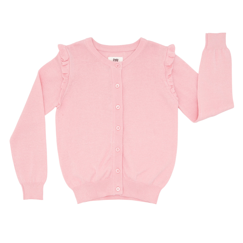 Click to see full screen - Flat lay image of a Pink Blossom ruffle cardigan