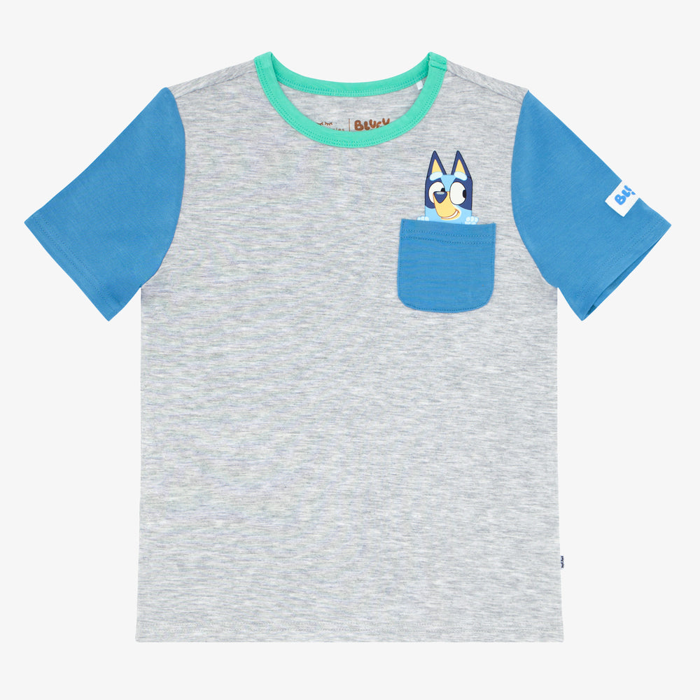 Flat lay image of the Bluey Graphic Pocket Tee