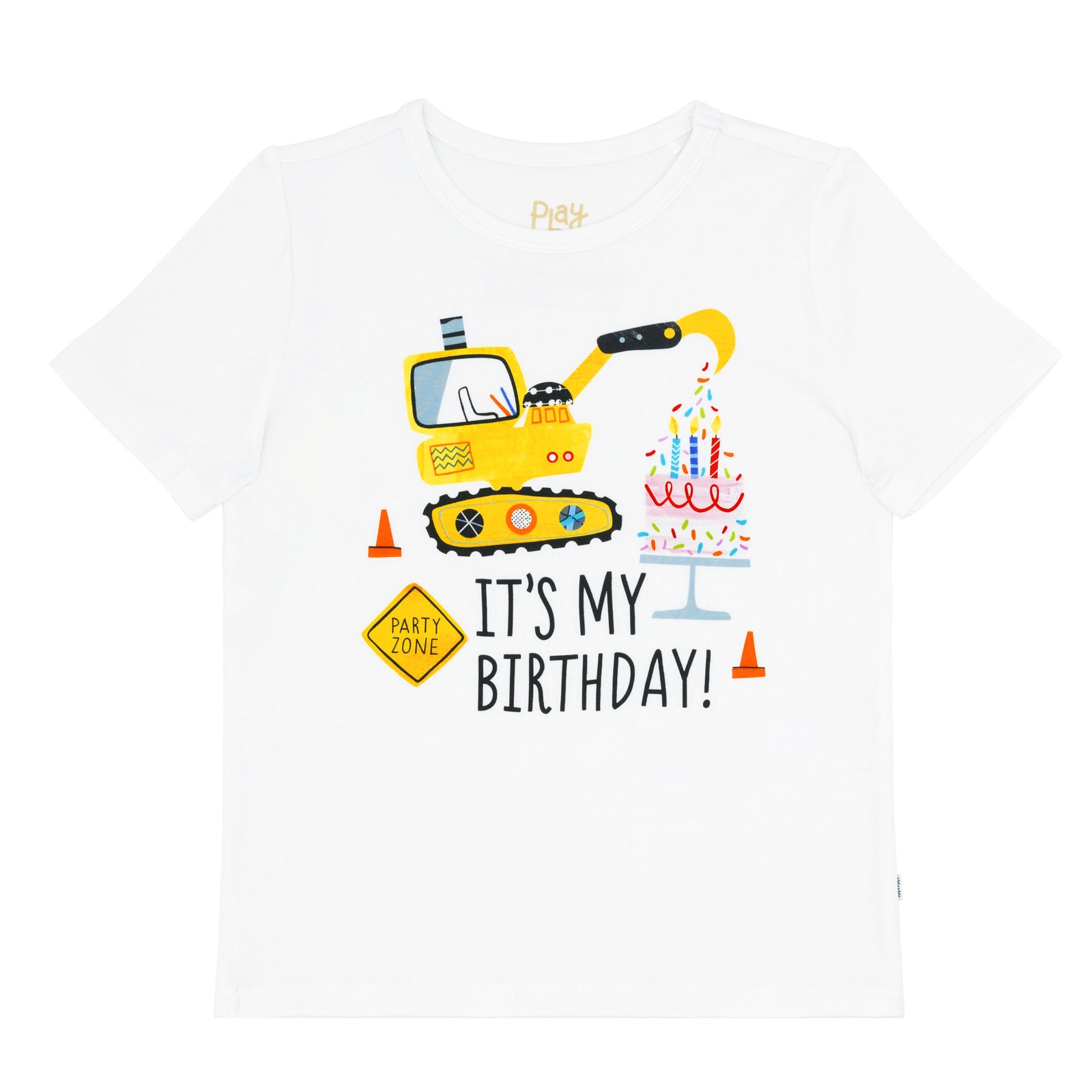 Flat lay image of a Birthday Builders construction graphic tee