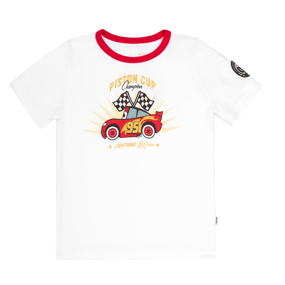 Flat lay image of a Lightning McQueen graphic tee