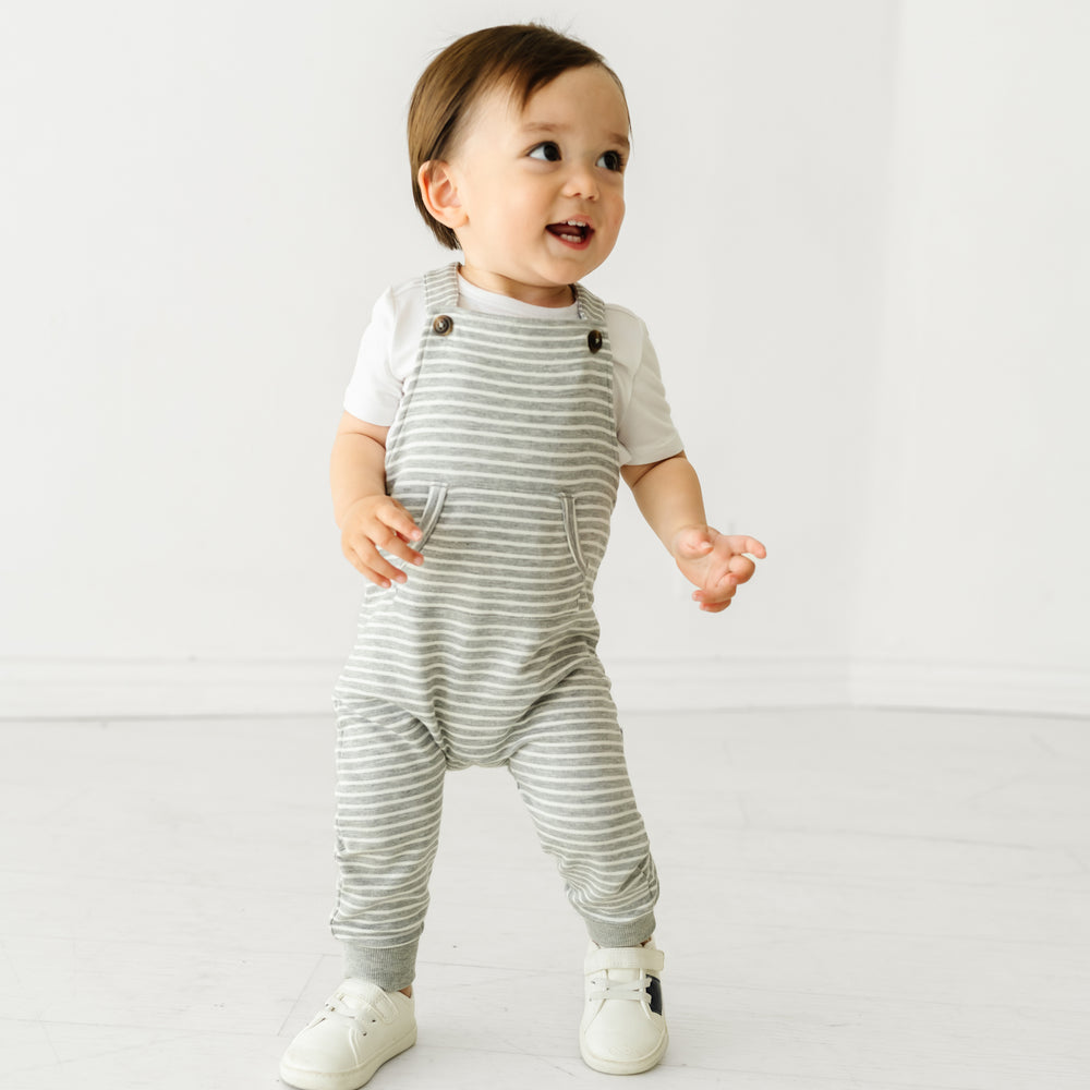Alternate image of a child wearing Heather Gray Stripes overalls and coordinating Play bodysuit