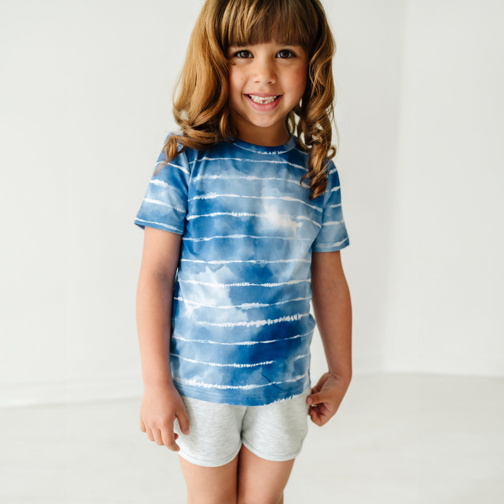 Alternate image of a child wearing a Blue Tie Dye Dreams classic tee with coordinating Play bottoms