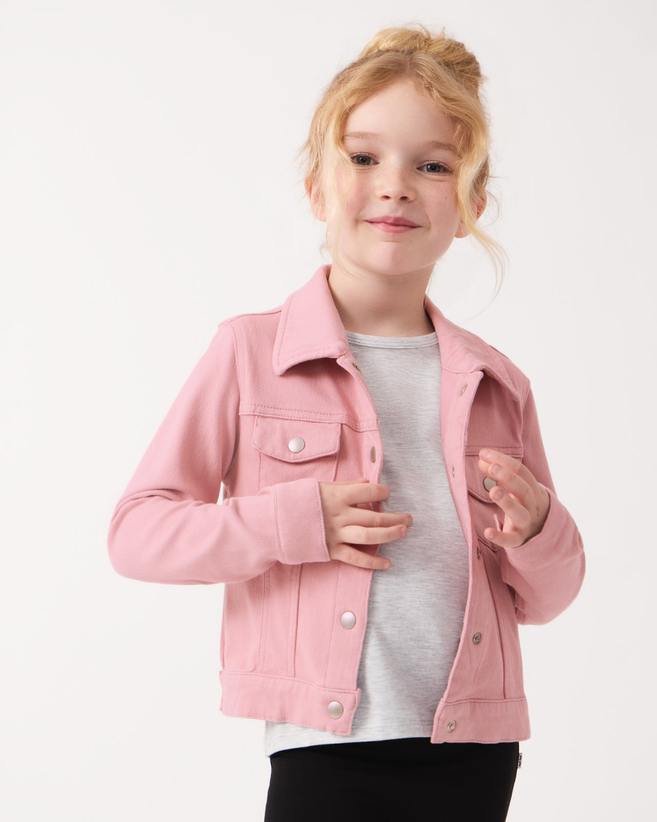 Girl wearing the Mauve Blush Denim Trucker Jacket