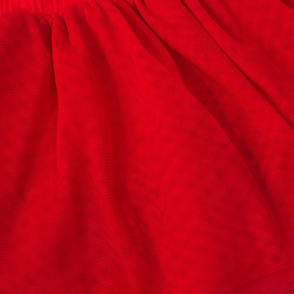 close up view of the red tulle in the candy red tutu skirt