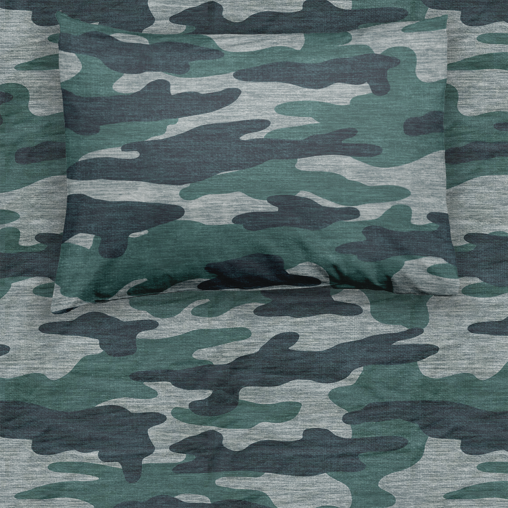 flat lay image of a twin sheet set in a vintage camo print