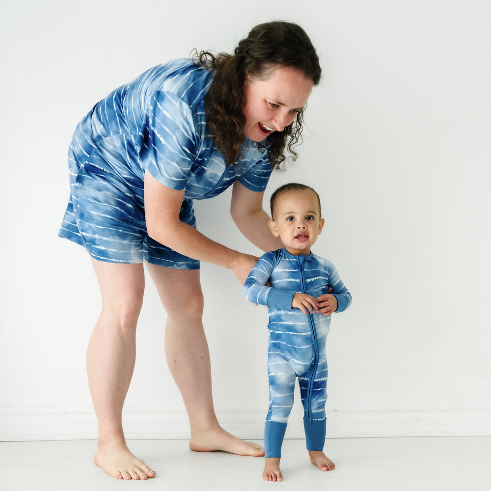 Mother and child wearing matching Blue Tie Dye Dreams pajamas