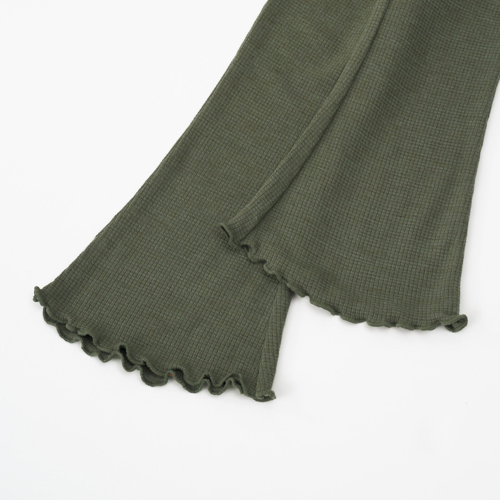 Alternate close up detail shot of an Olive Waffle Flare Pant