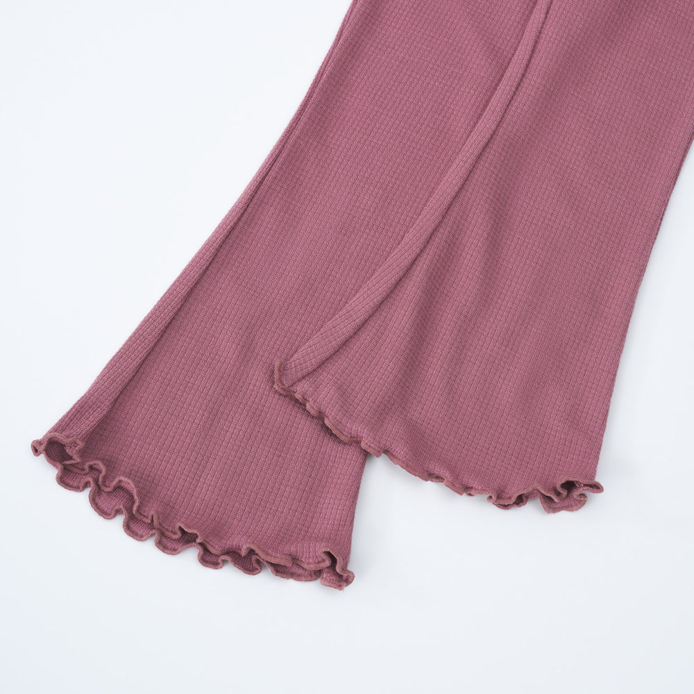 Alternate close up detail shot of a Dusty Plum Waffle Flare Pant