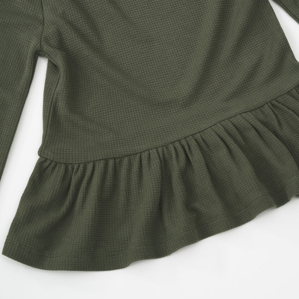 Alternate close up detail shot of an Olive Waffle Peplum Hooded Tee