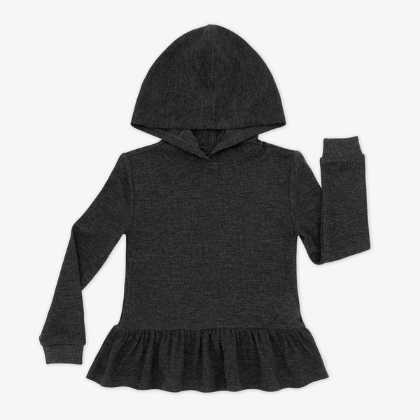 Flat lay image of a Heather Black Waffle Peplum Hooded Tee