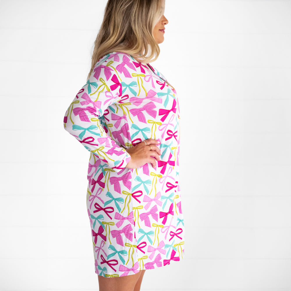 side profile of a woman wearing a Ribbons and Bows sleep shirt