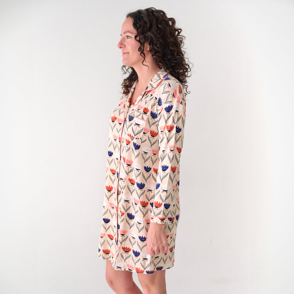 Side view image of a woman wearing a Flower Friends women's sleep shirt