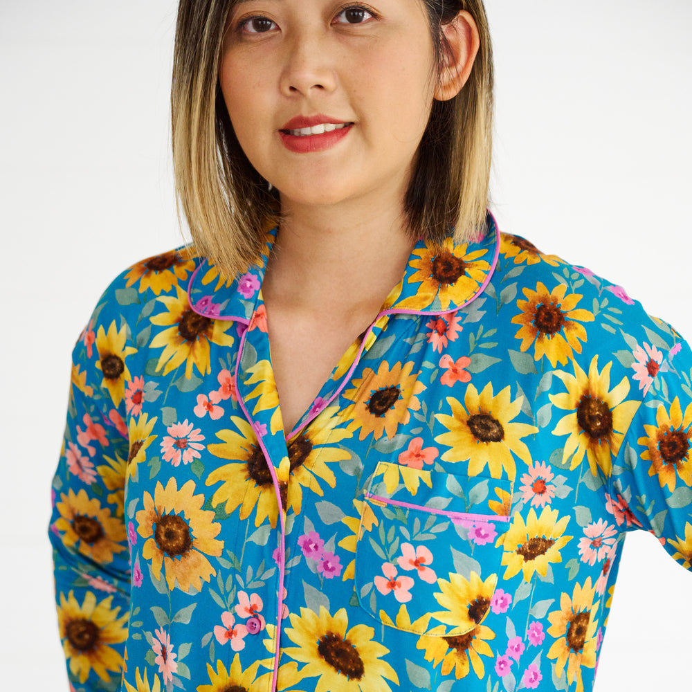 Close up image of the collar & pocket detail on the Sunflower Fields Women's Sleep Shirt