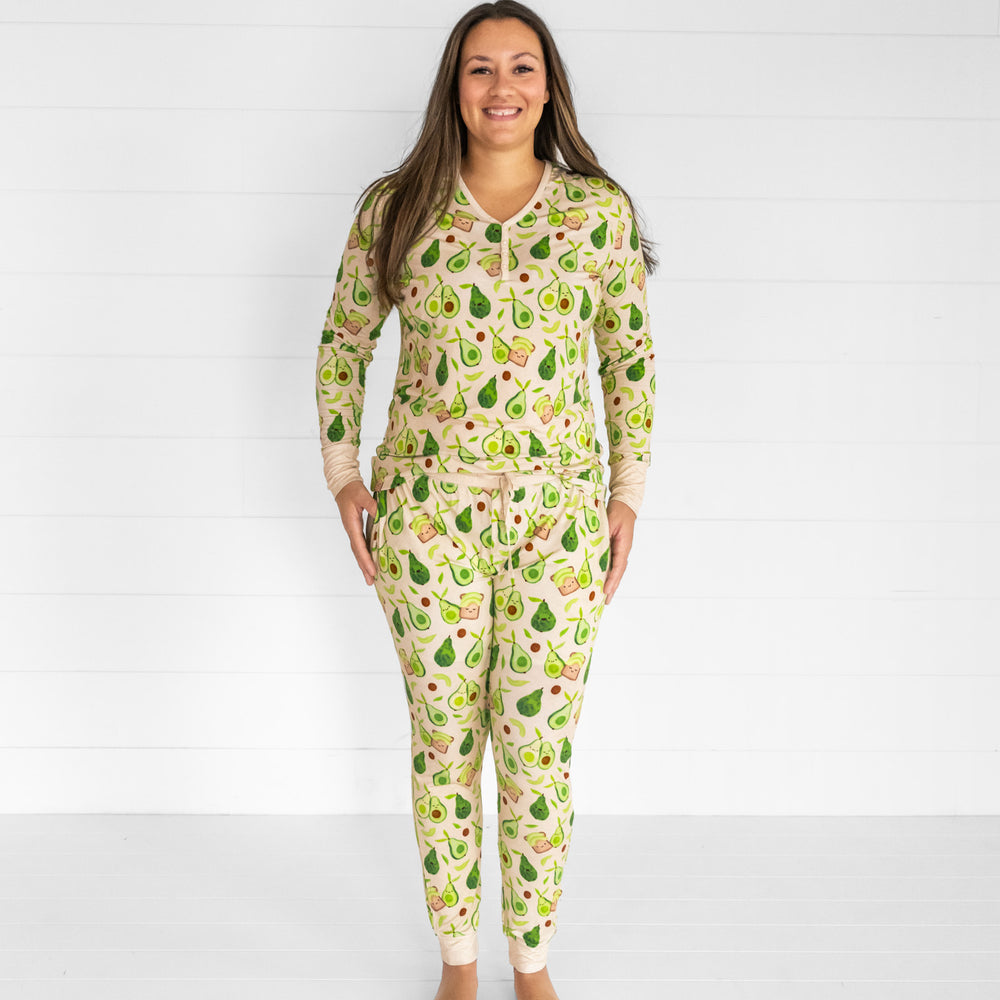 Image of a woman wearing women's Avocado Toast pj top and matching women's pj pant