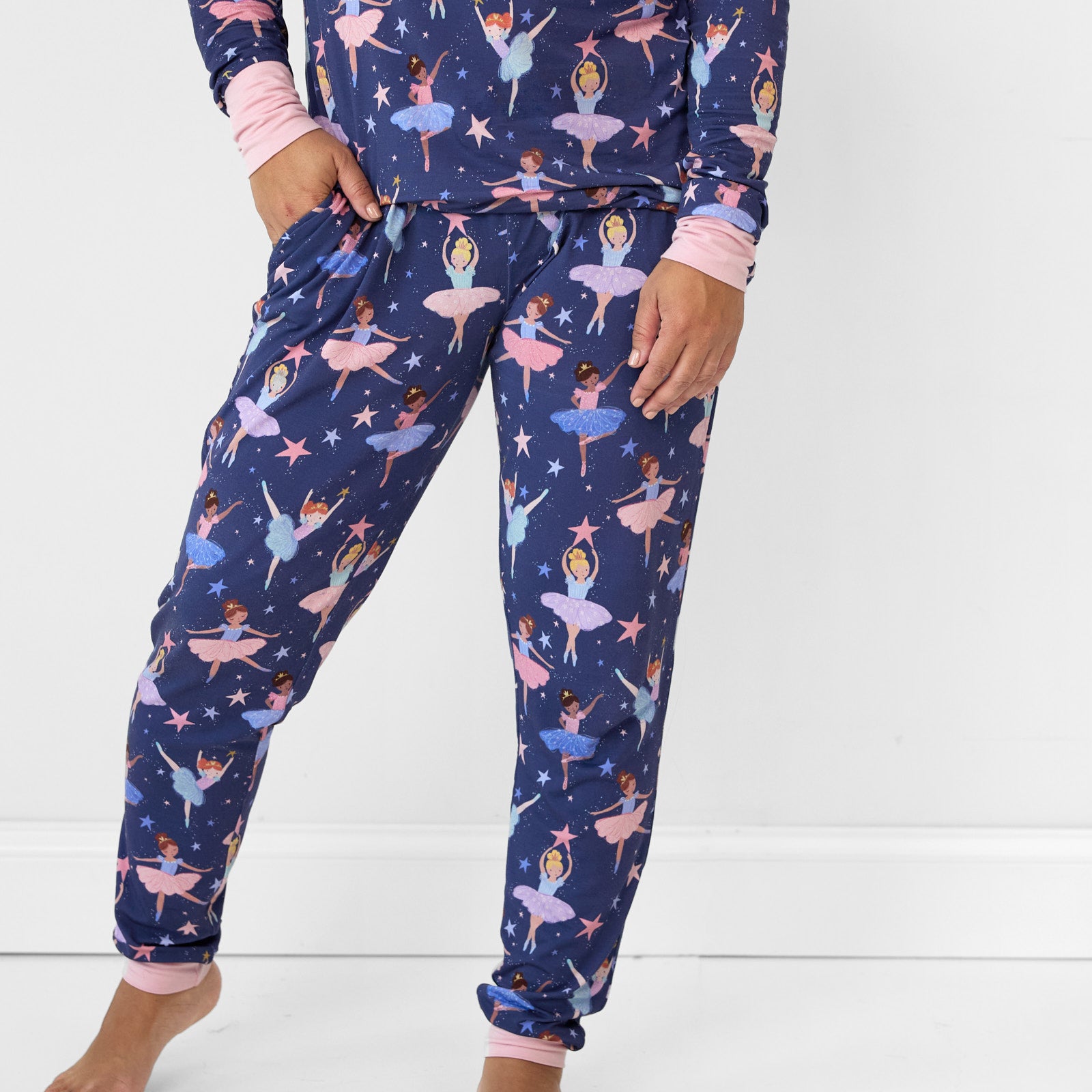 Close up image of a woman wearing Twilight Ballet women's pj pants