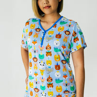 Close up image of a woman wearing a Party Pals pj top
