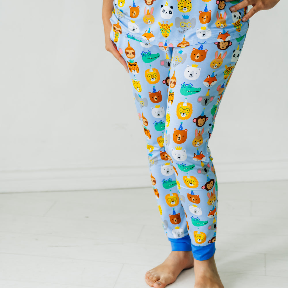 Alternate close up image of a woman wearing a Blue Party Pals women's pj pants