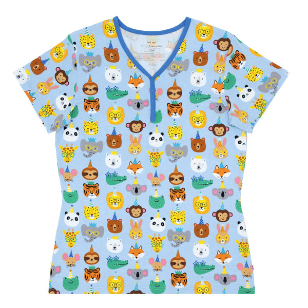 Flat lay image of a women's Blue Party Pals pj top