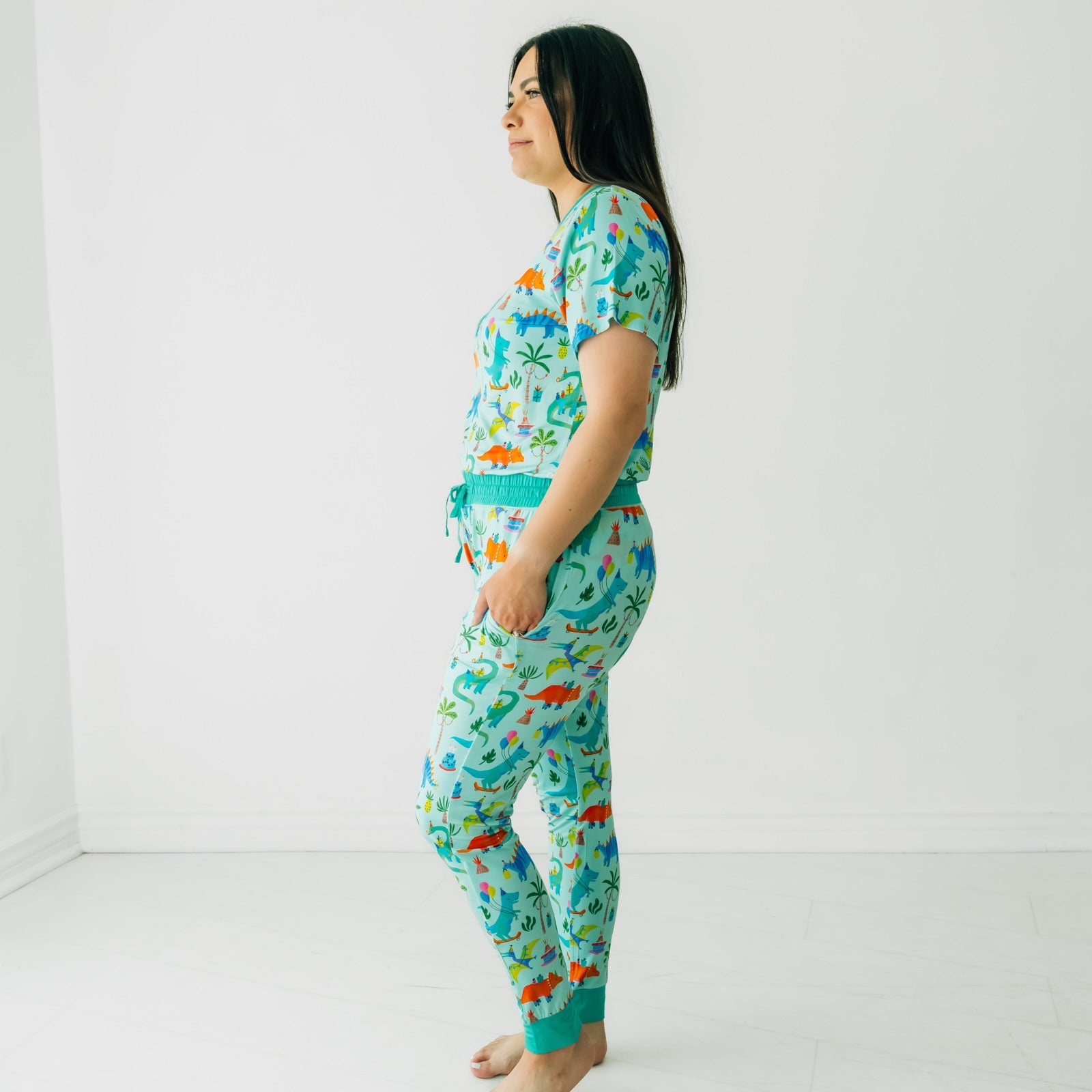 Profile image of a woman wearing Prehistoric Party women's pj pants and matching pj top