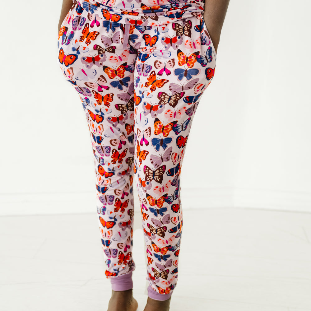 Close up image of a woman wearing Butterfly Kisses women's pajama pants