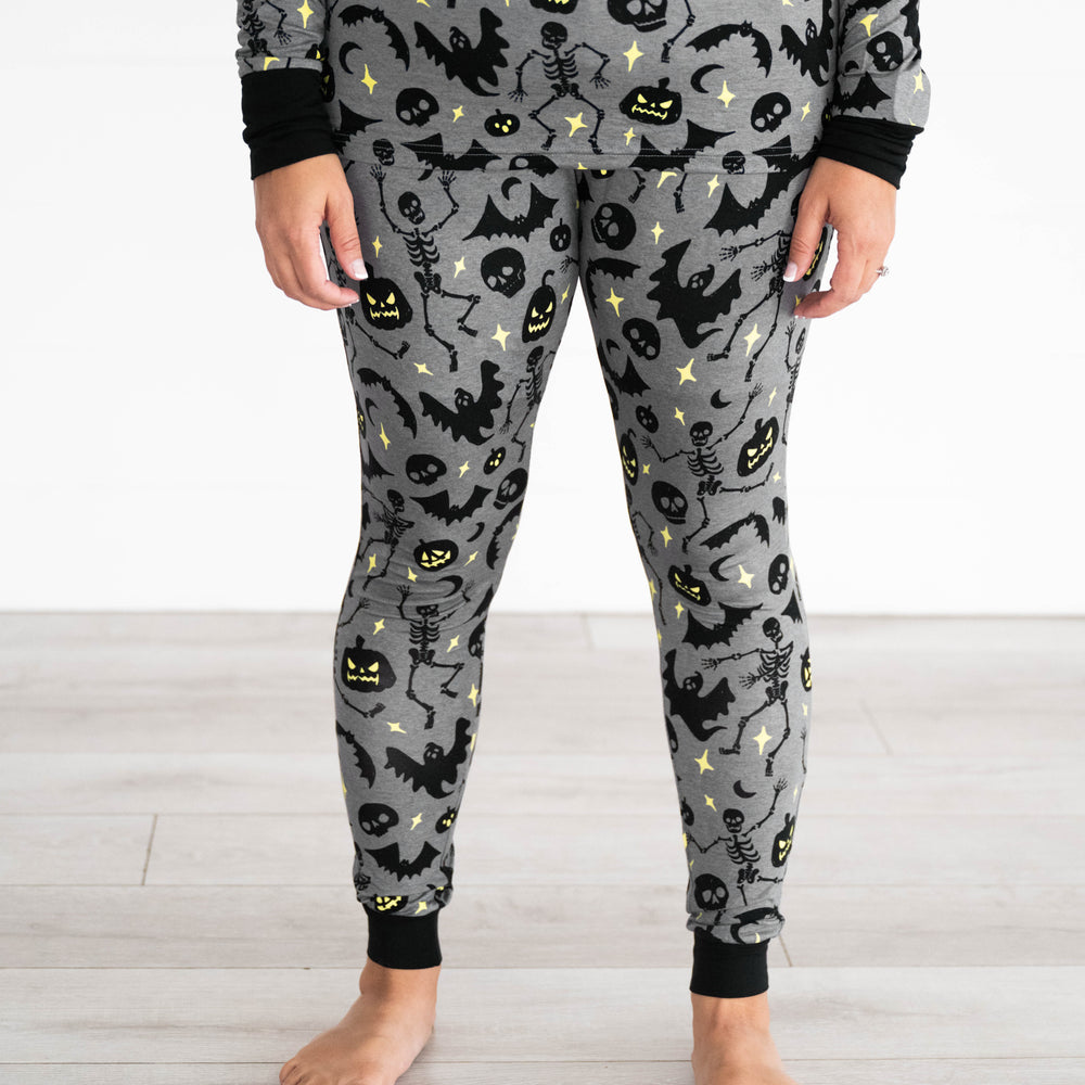 Close up image of the Gray Glowing Ghouls Women's Pajama Pants