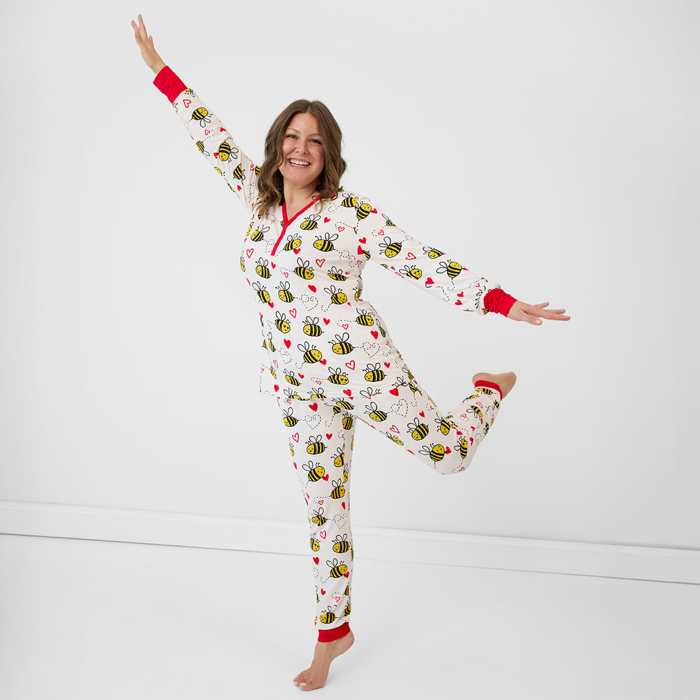 Image of a woman posing wearing Bee Mine women's pj top and matching pants