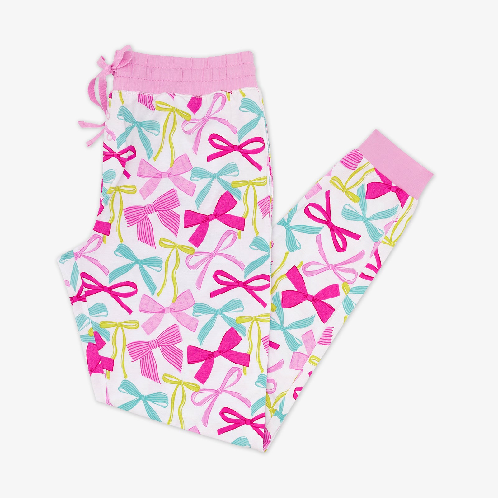 Flat lay image of  women's Ribbons and Bows pj pants