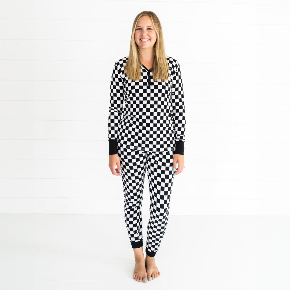 woman wearing Cool Checks women's pj top and matching women's pj pants