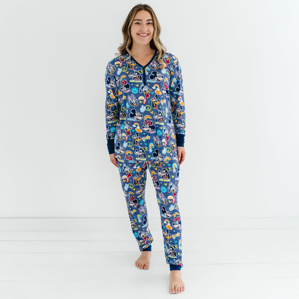 Standing woman wearing the Disney Mickey's Clubhouse bamboo pajama set