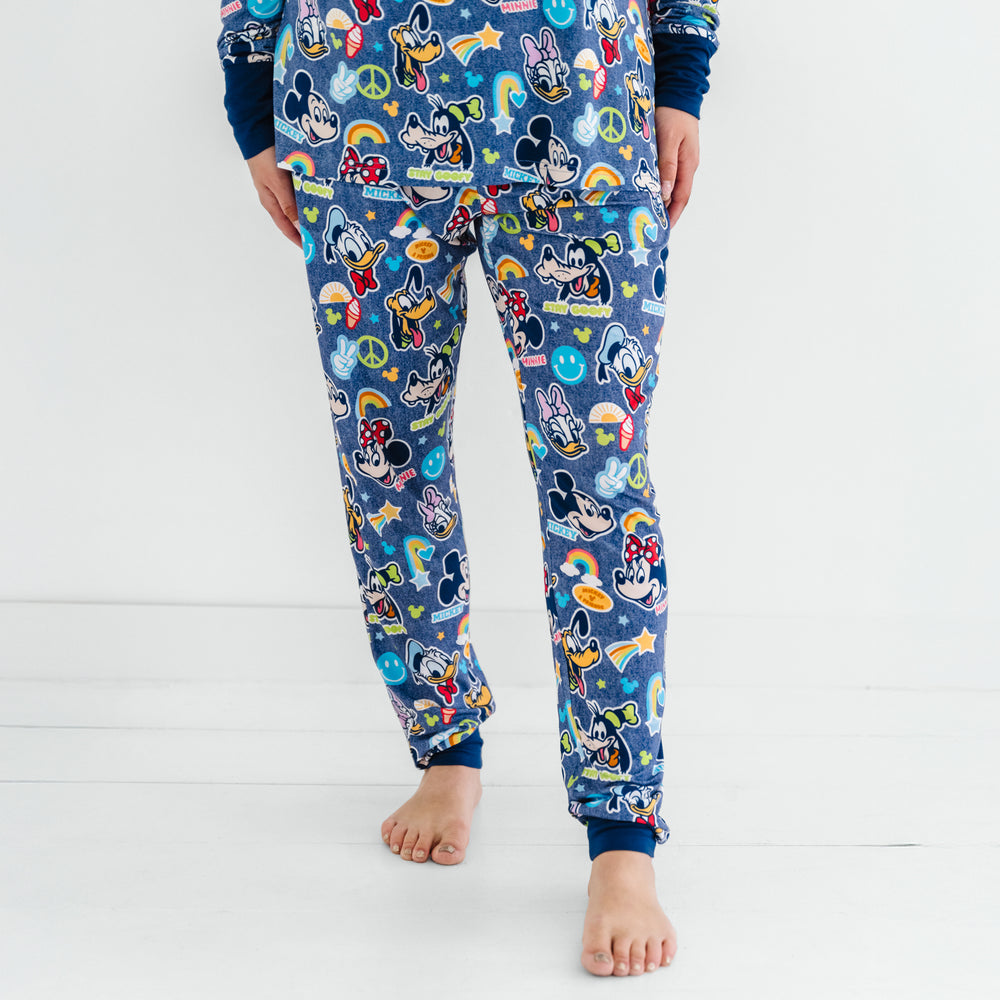 Close up of a woman wearing the Disney Mickey's Clubhouse bamboo pajama pants and matching top