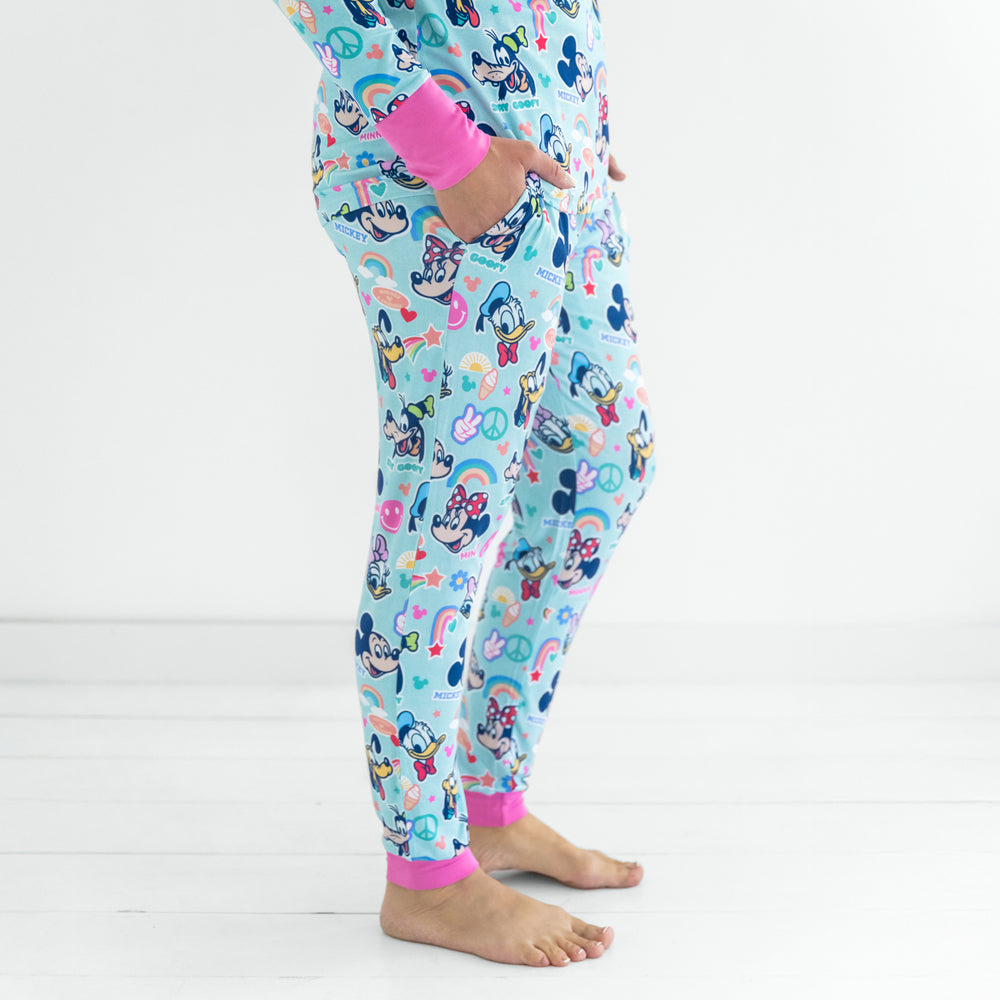 Side view of a woman standing in the Disney Mickey's Clubhouse Women's bamboo pajama pants