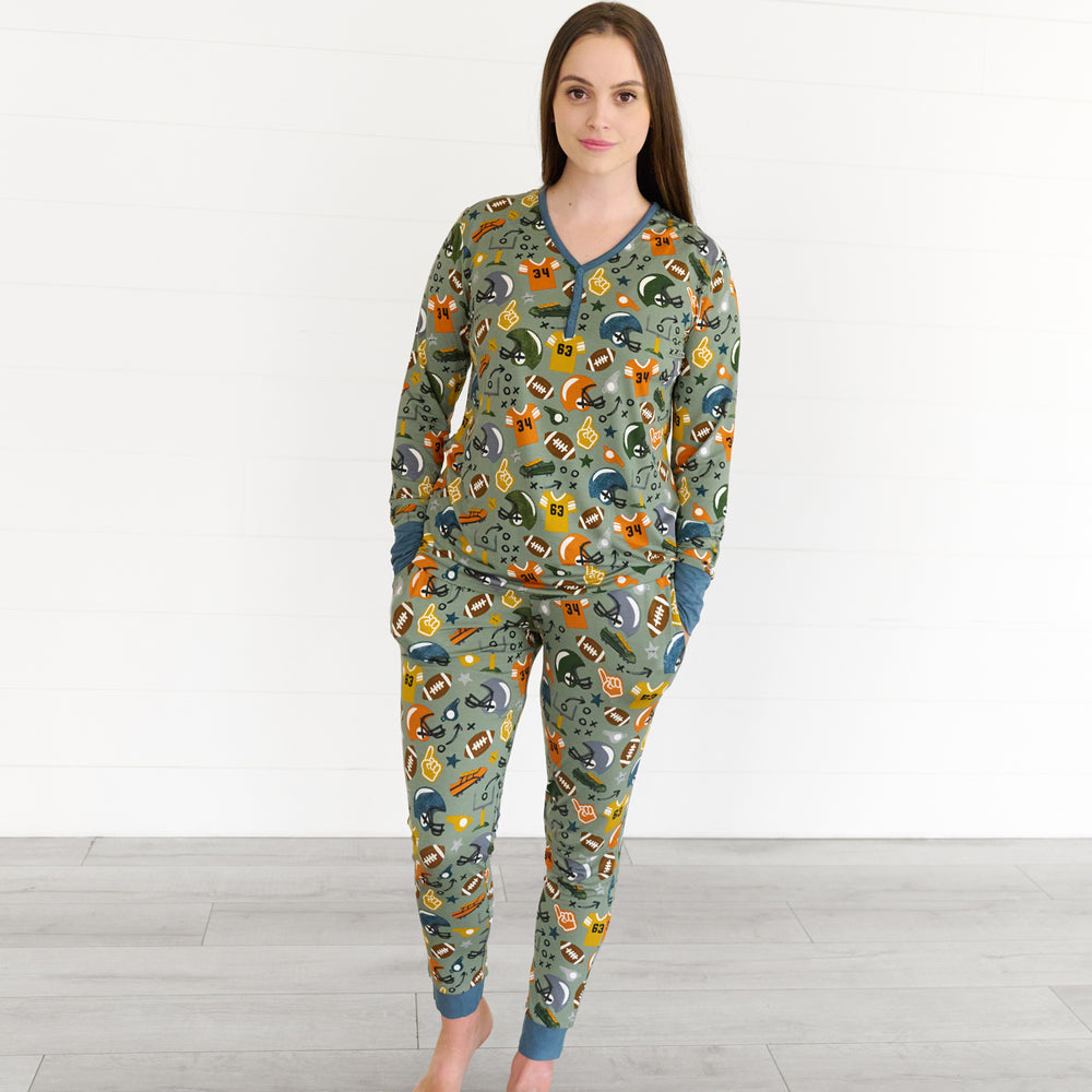 Full body image of model in the touchdown-time-womens-pajama-pants & top