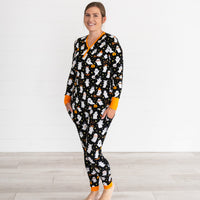 Female model wearing the Friendly Ghosts Women's Pajama Top & Pants