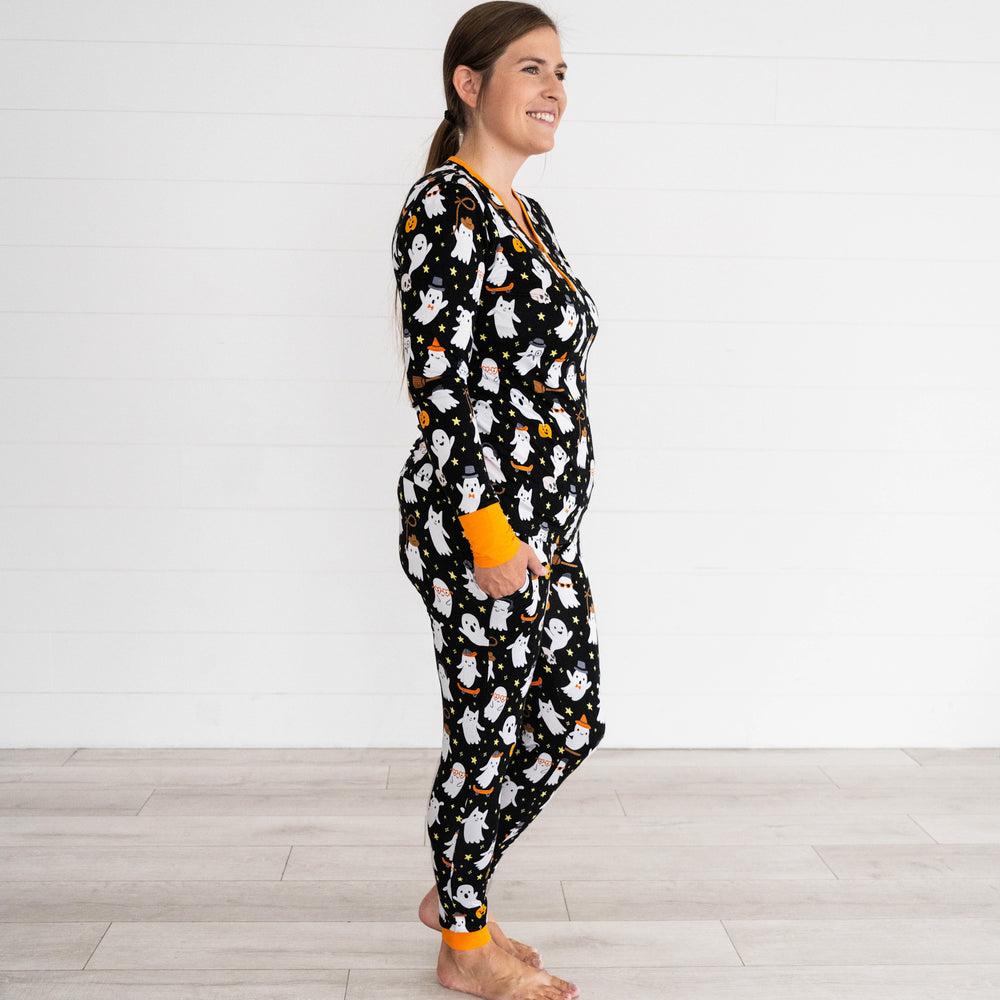 Side view image of female model wearing the Friendly Ghosts Women's Pajama Pants & Top