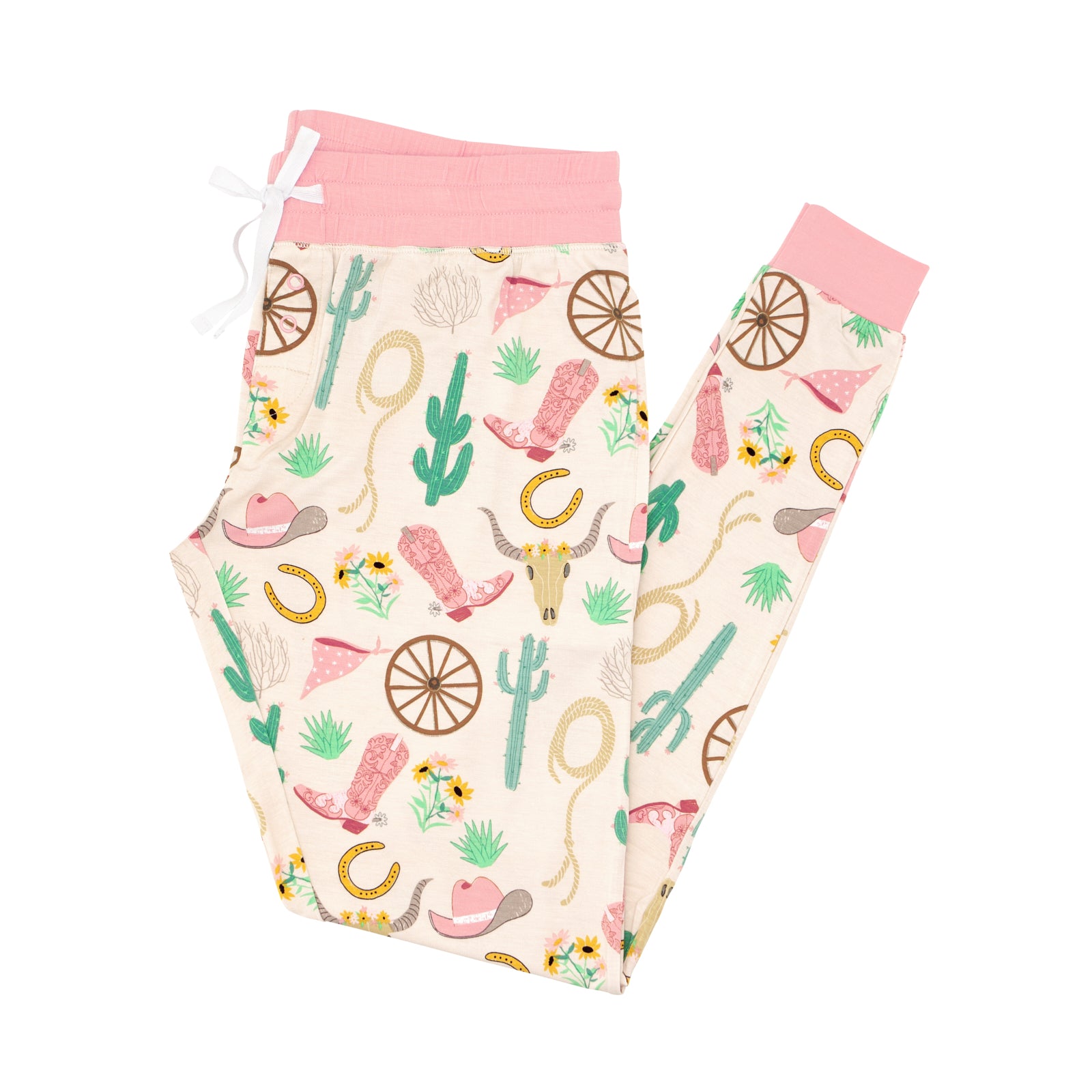Flat lay image of Pink Ready to Rodeo women's pajama pants