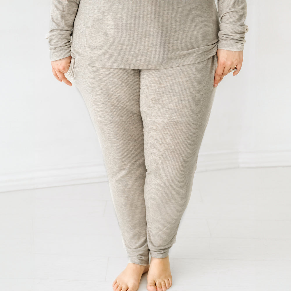 Alternate close up image of a woman wearing Heather Stone Ribbed women's pajama pants