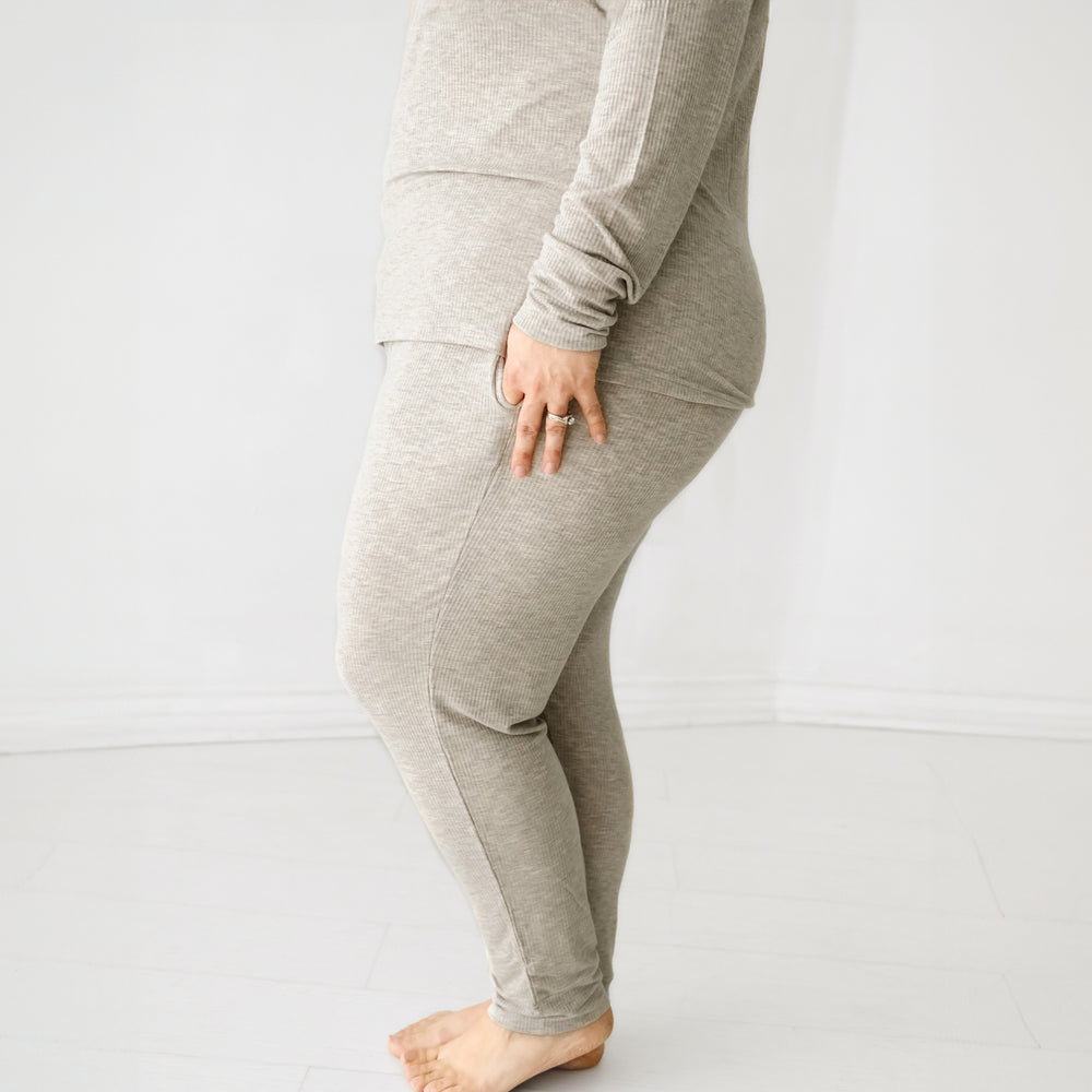 Click to see full screen - Close up profile image of a woman wearing Heather Stone Ribbed women's pajama pants