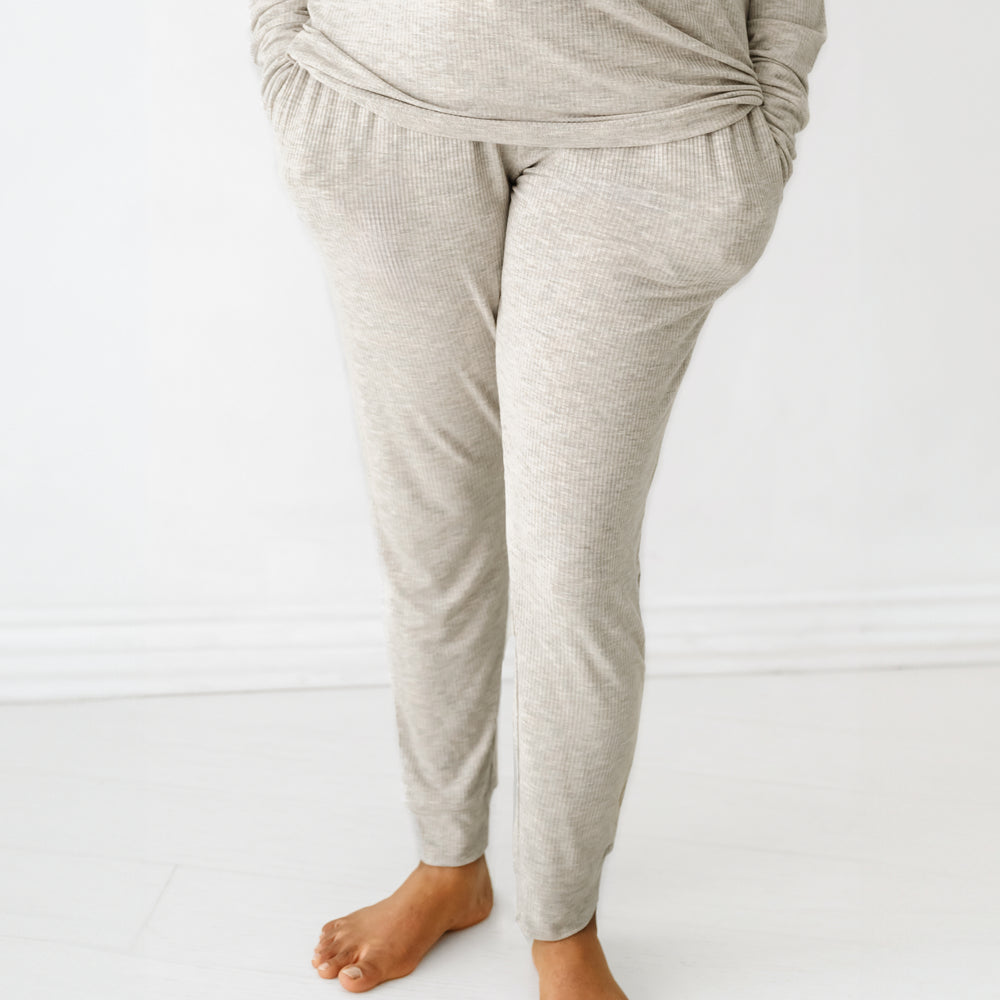 Click to see full screen - Close up image of a woman wearing Heather Stone Ribbed women's pajama pants